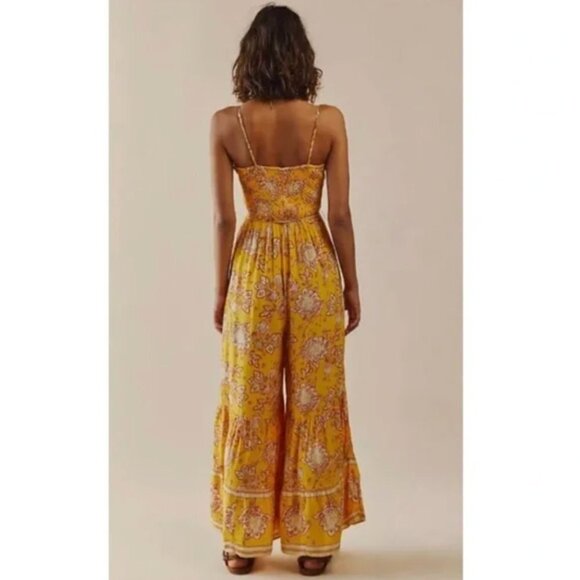 NEW Free People Yellow Printed Flowy Wide Leg Smocked Jumpsuit - Picture 4 of 11